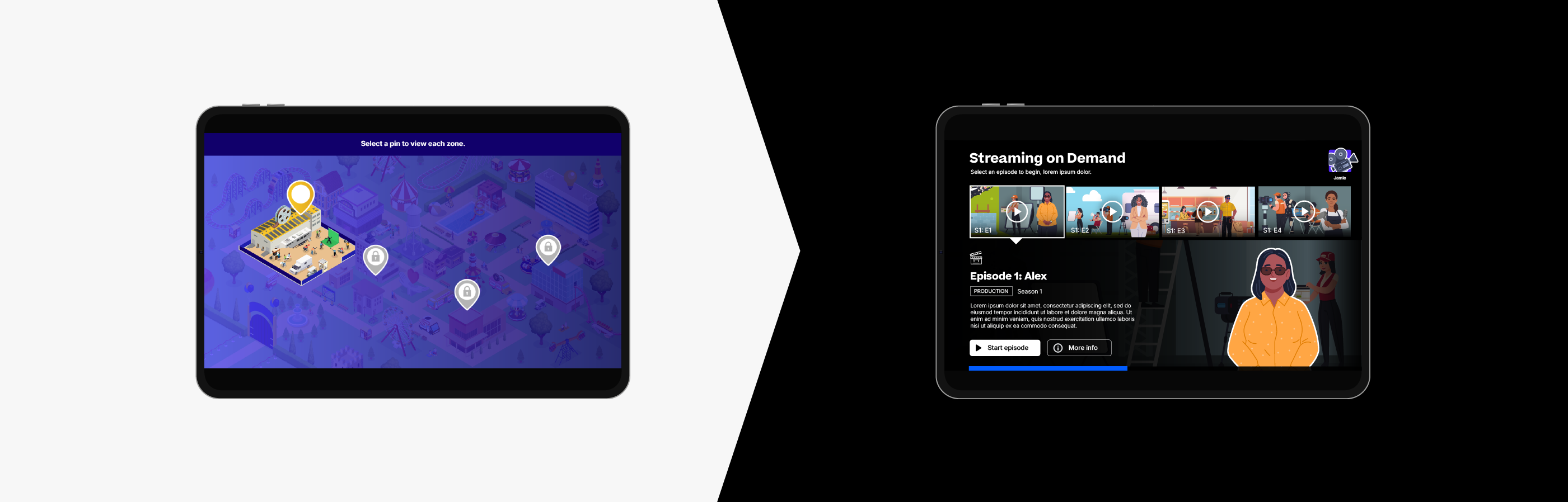 Side-by-side comparison — the original tablet build on the left, the revised streaming-on-demand build on the right