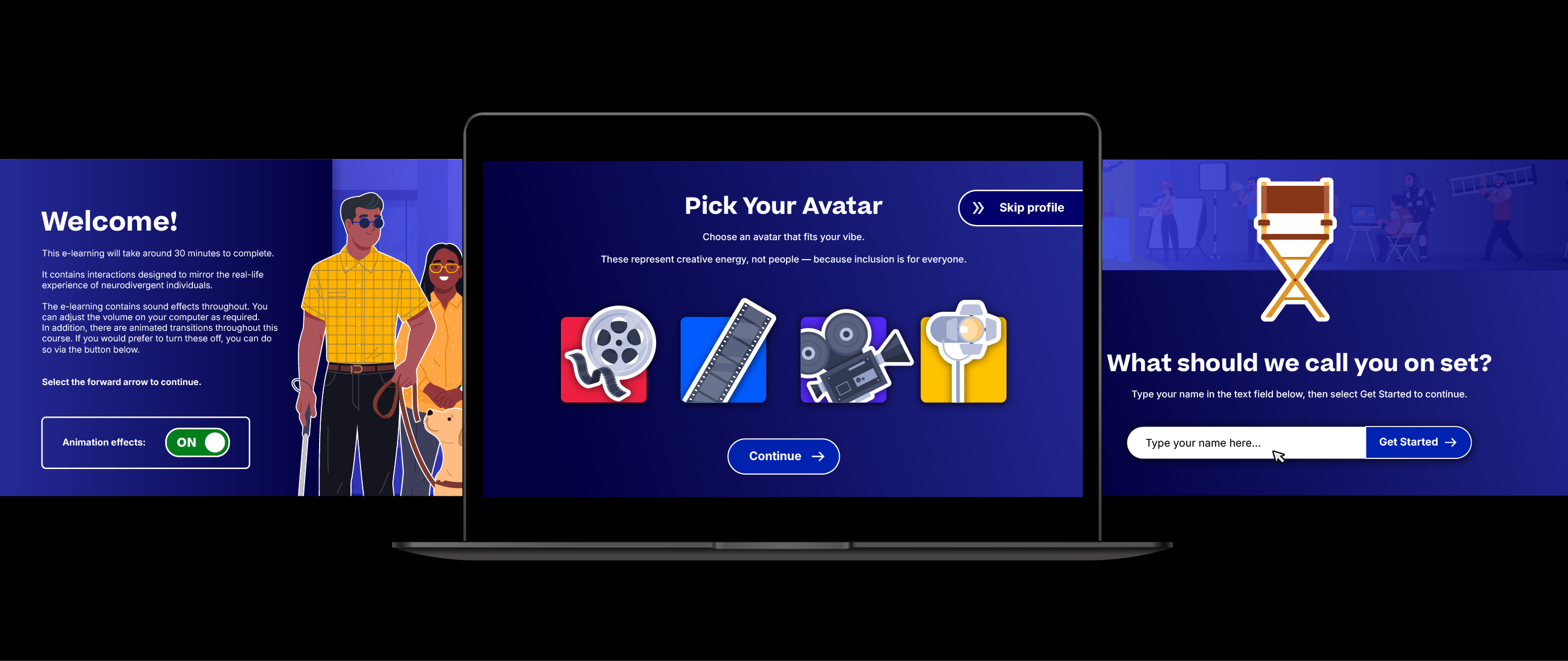 Personalisation concept screens — Welcome panel, Pick Your Avatar selector and a name input